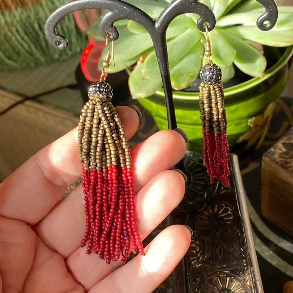 Red And Green Seed Bead Tassel Pave Crystal Earrings
